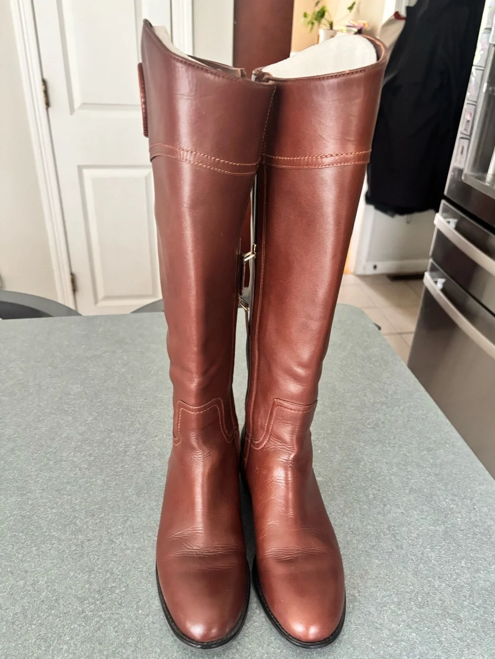 Tory Burch Brown Leather Tall Riding Boots with Gold Logo